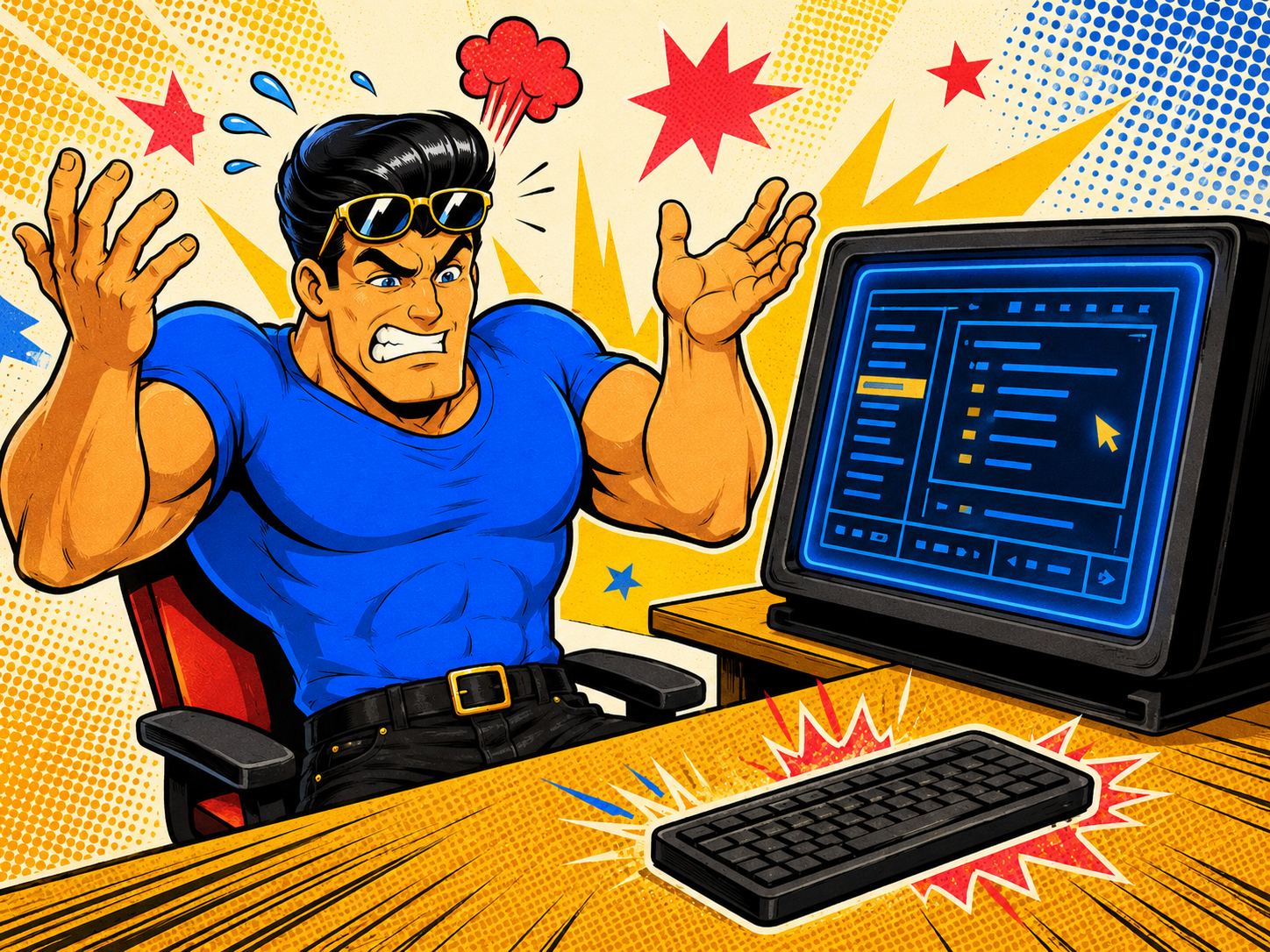 Brawny scowling at an interactive TUI he can't drive — hands thrown up, nowhere near the keyboard