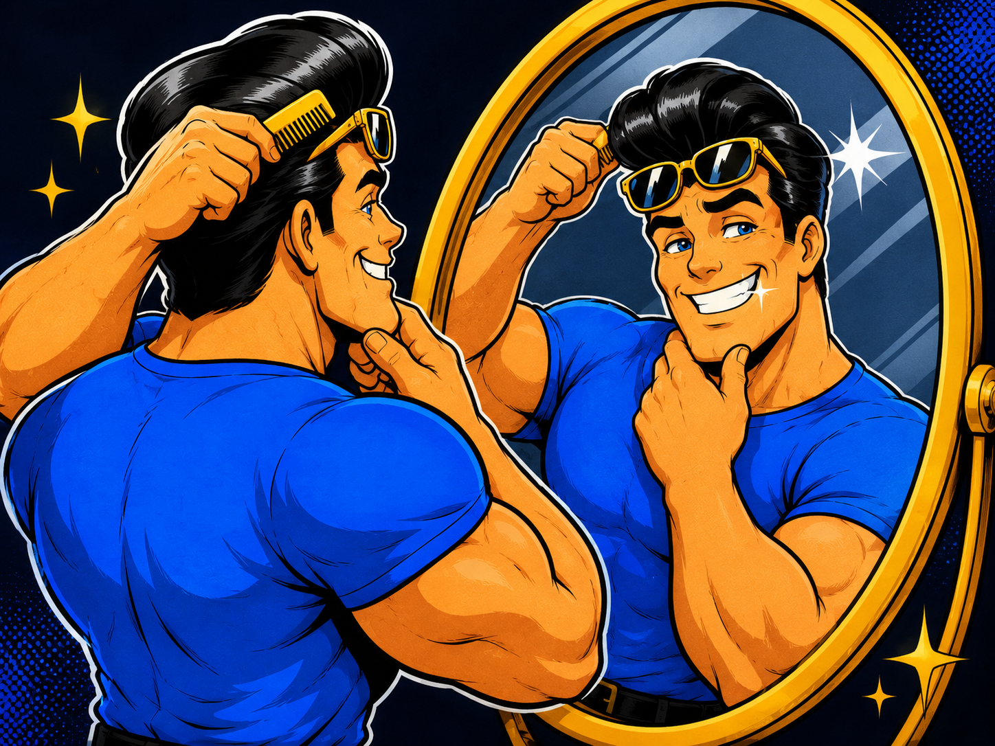 Brawny Johvo glamour portrait, comb in hand, mirror sparkle. Yes I know it's broken/impossible/ai gore