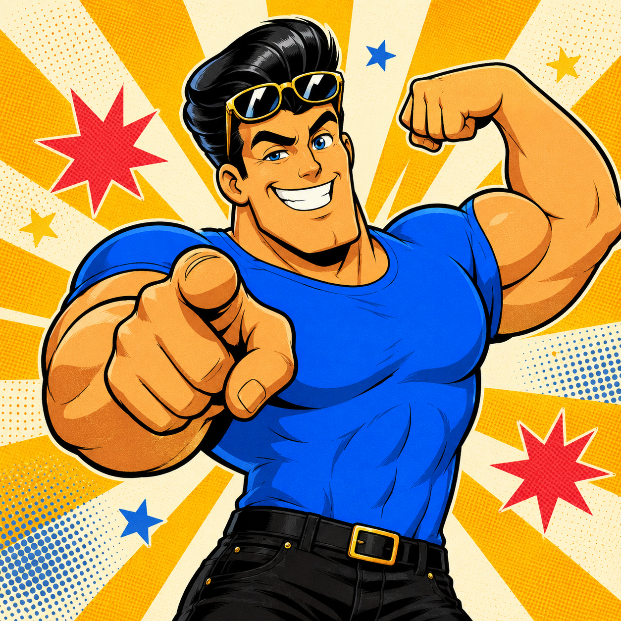 Brawny Johvo, hero flex, pointing at YOU