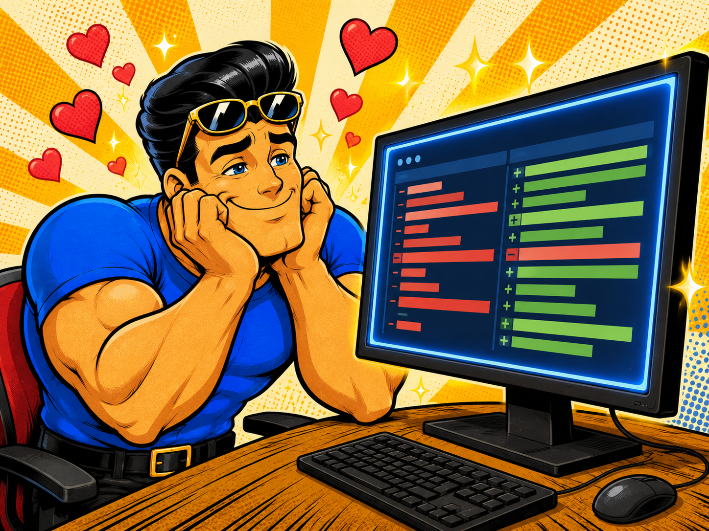 Brawny admiring a glowing diff on screen, hearts in his eyes